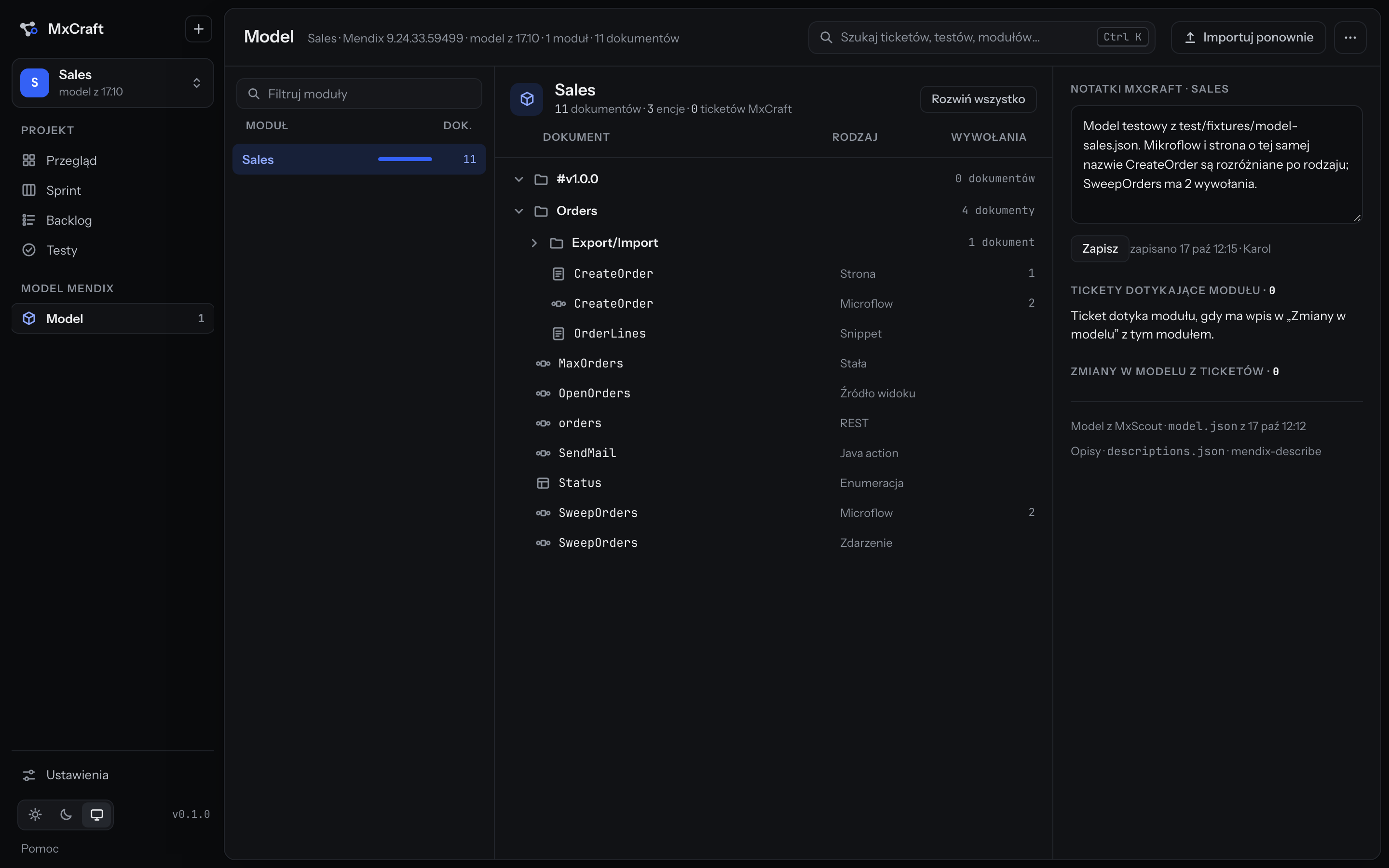 The Model screen: modules from MxScout, the documents of one module, and MxCraft notes.