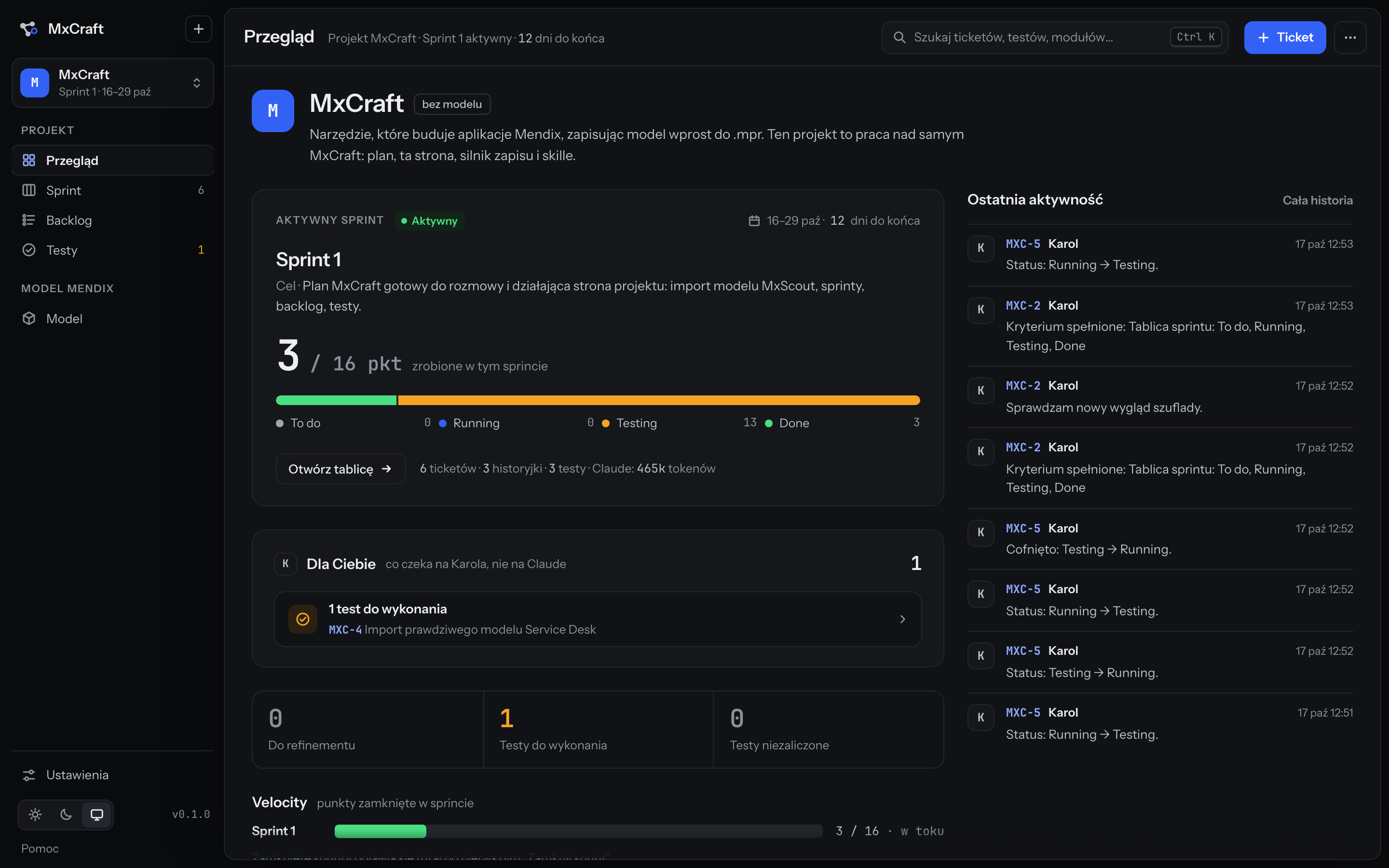 The Overview screen: the active sprint with one big number, counters, velocity and recent activity.