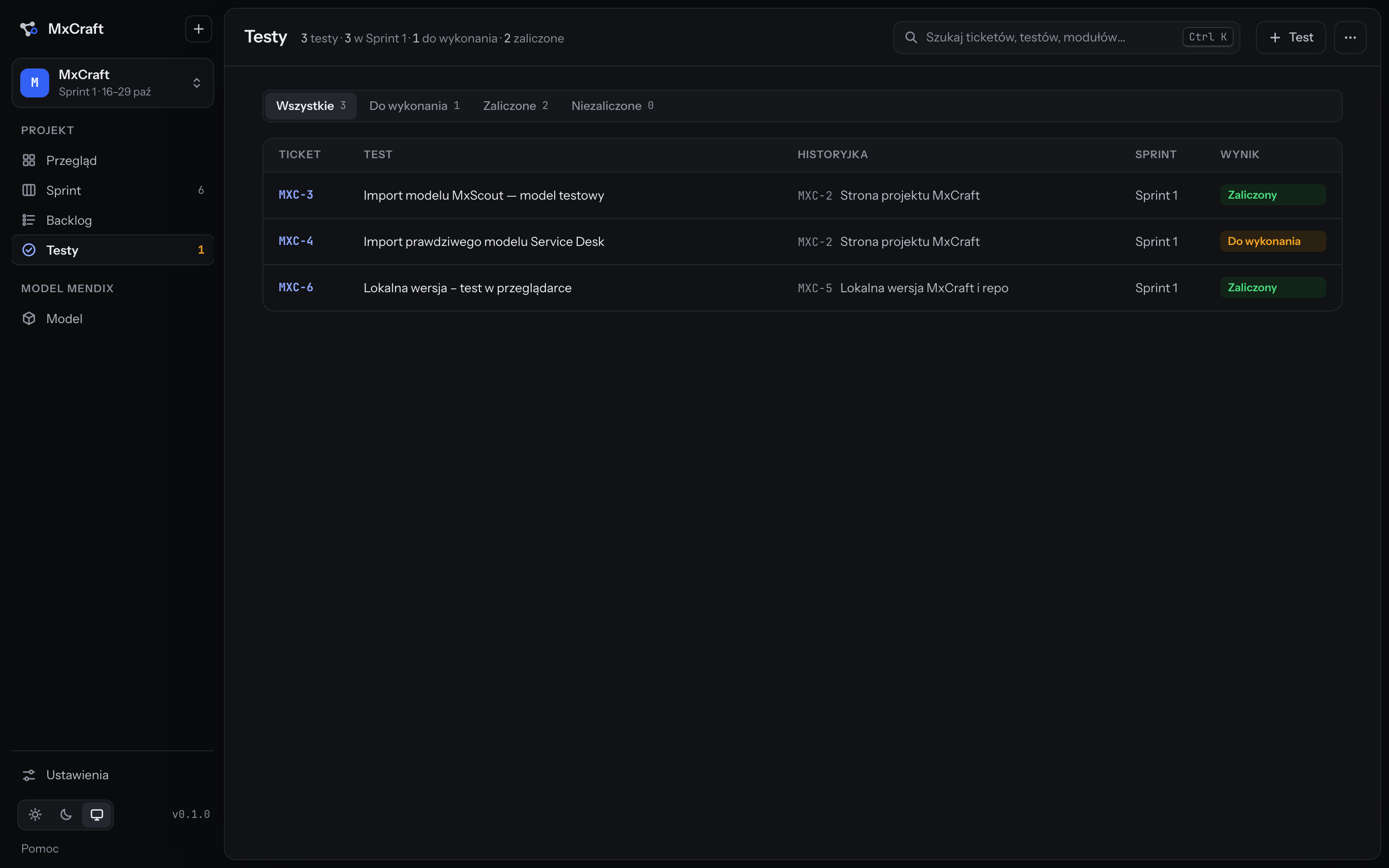 The Tests screen: a filter by result and a table of tests with their stories and sprint.